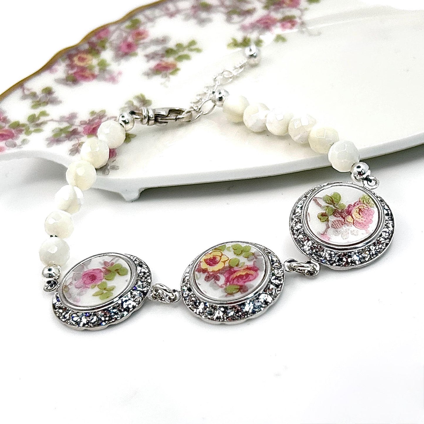 One-of-a-Kind Crystal Charm Bracelet, 18th Anniversary Porcelain Gift for Wife, French Limoges China