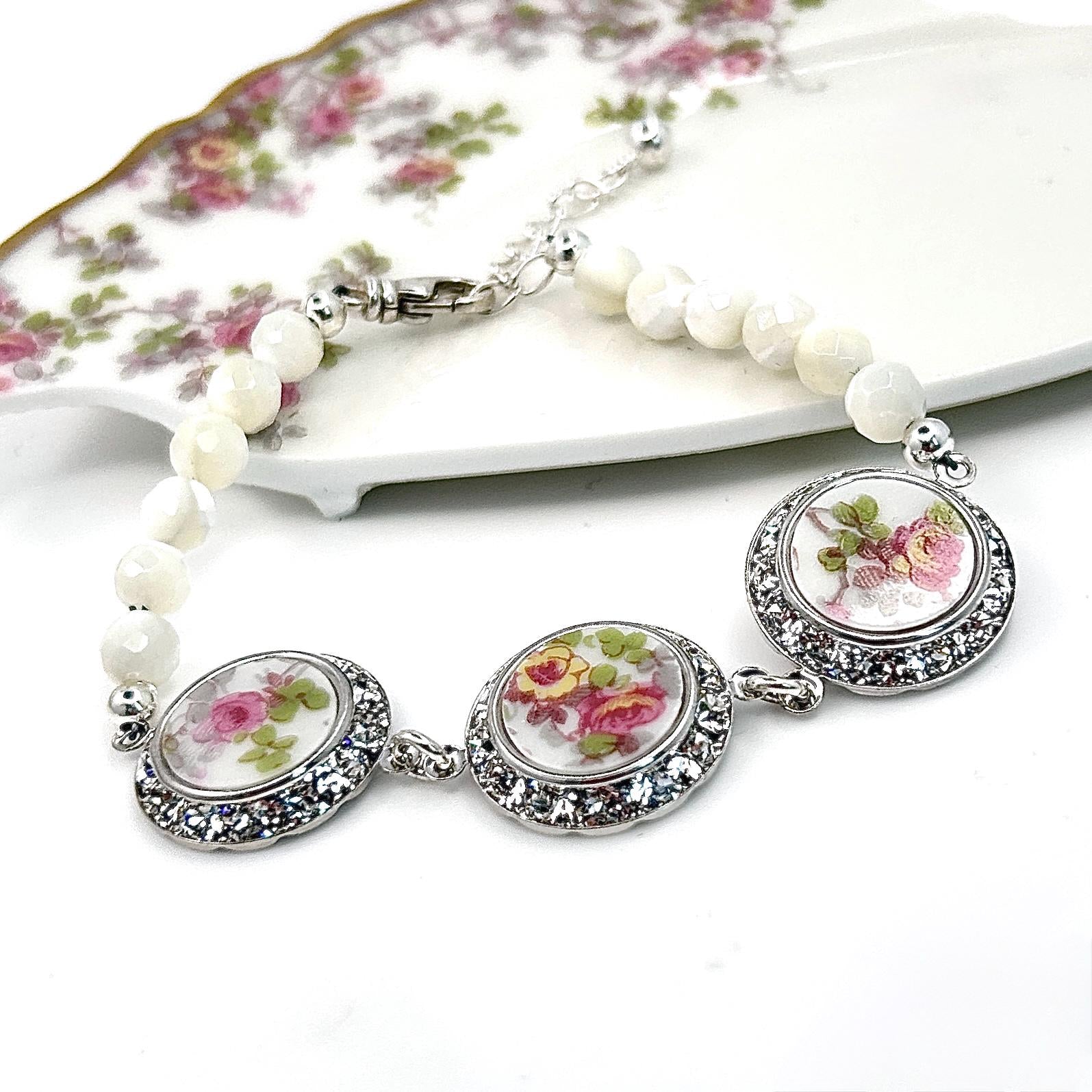 One-of-a-Kind Crystal Charm Bracelet, 18th Anniversary Porcelain Gift for Wife, French Limoges China