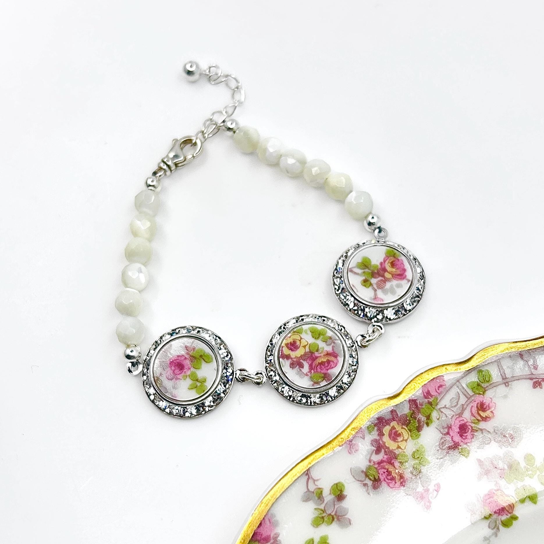 One-of-a-Kind Crystal Charm Bracelet, 18th Anniversary Porcelain Gift for Wife, French Limoges China