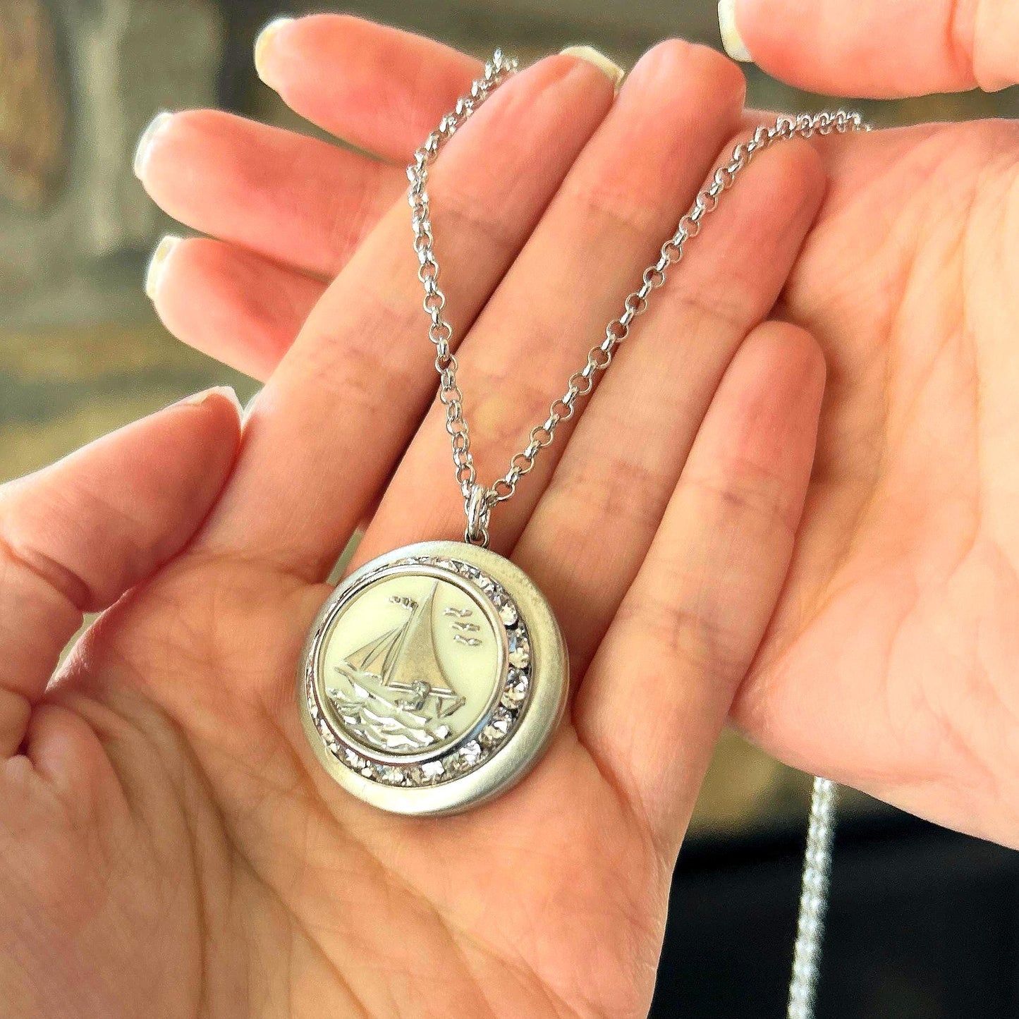 Antique Sailboat Button Photo Locket, Nautical Jewelry, Photo Locket Necklace, Gifts for Women