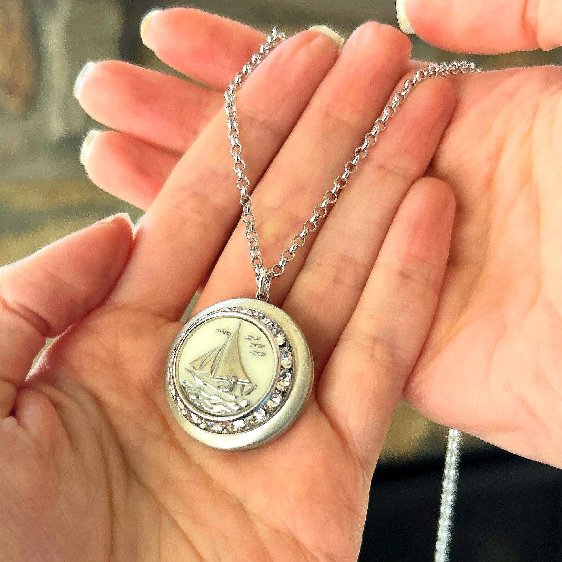 Antique Sailboat Button Photo Locket, Nautical Jewelry, Photo Locket Necklace, Gifts for Women