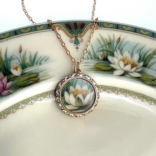 Water Lily Necklace, 18th Wedding Anniversary Porcelain Gift for Wife, Gold Crystal Jewelry