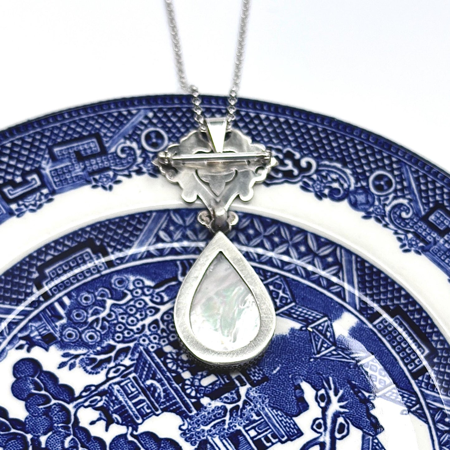 20th Wedding Anniversary Gift for Wife, Adjustable Sterling Silver Necklace/Brooch, Blue Willow China Love Birds