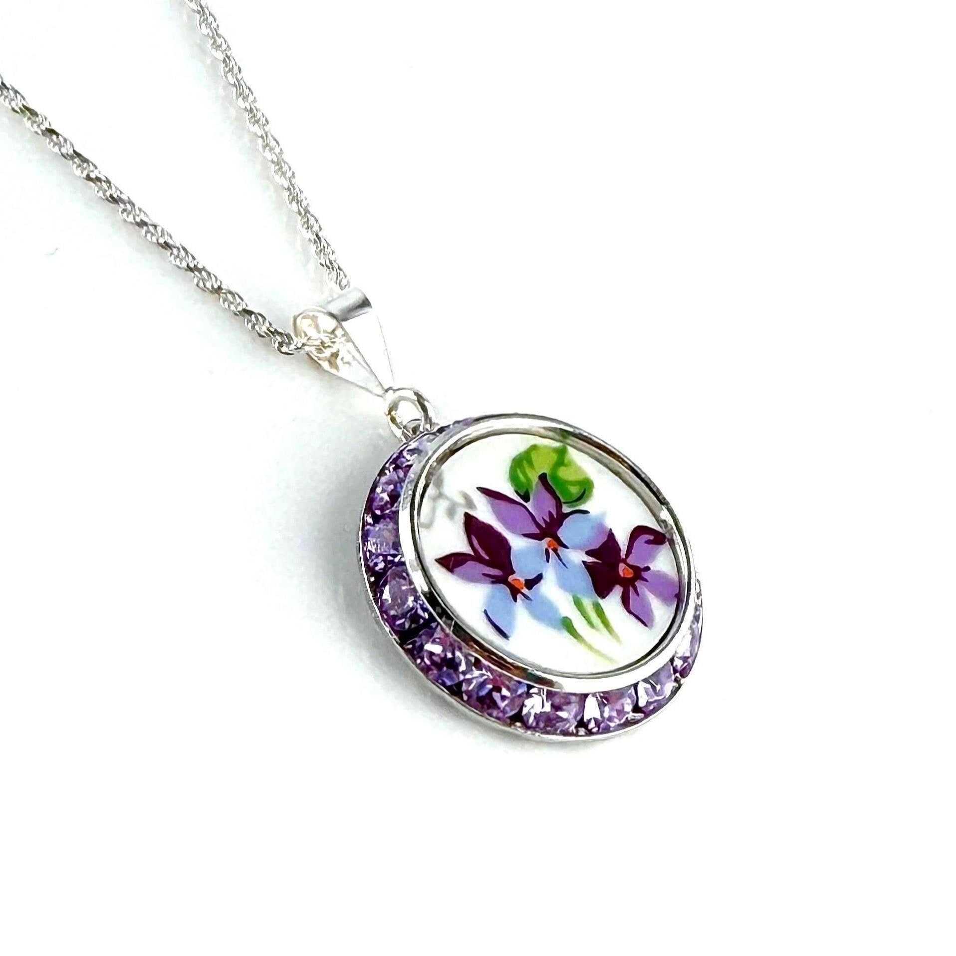 20th Anniversary China Gift for Wife, Purple Violets Broken China Jewelry, Unique Gifts for Wife