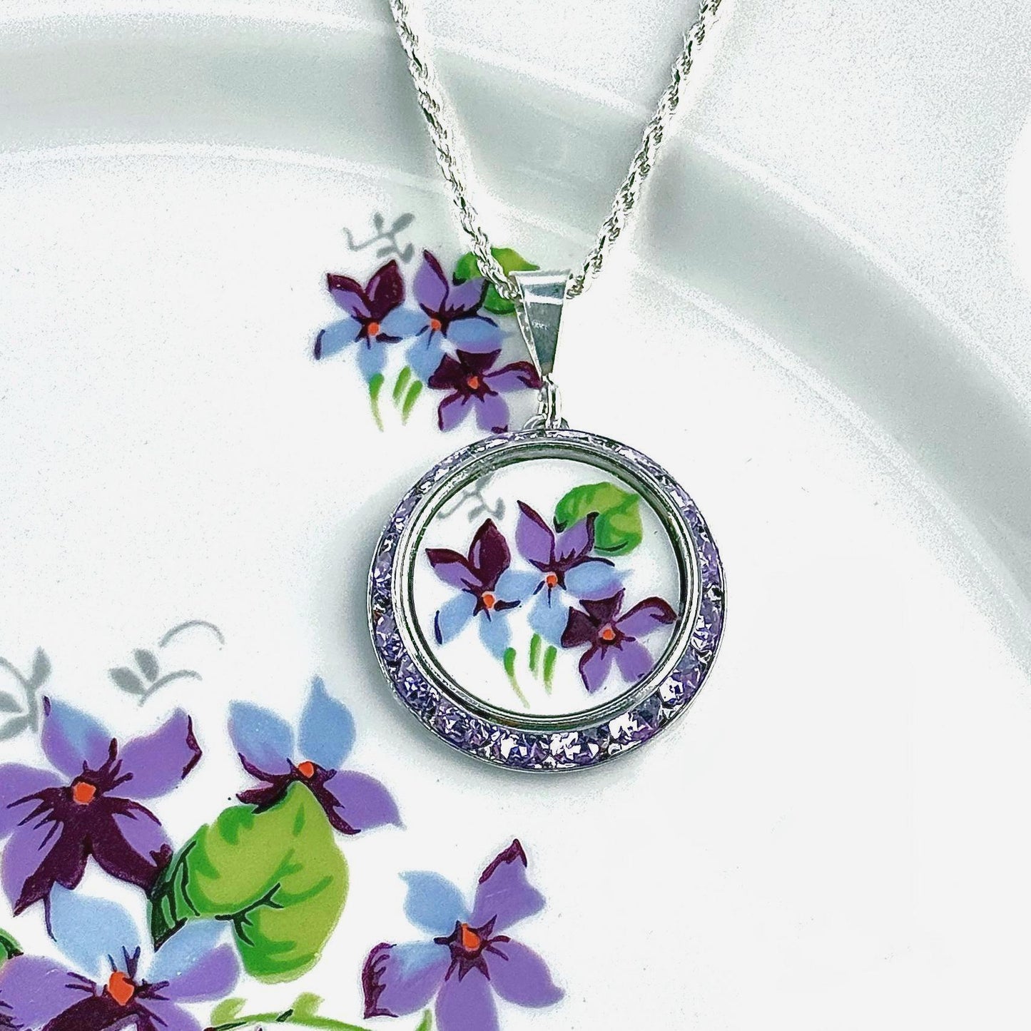 20th Anniversary China Gift for Wife, Purple Violets Broken China Jewelry, Unique Gifts for Wife