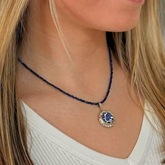 Dainty Lapis Lazuli Gold Crystal Necklace, 1940s Vintage American Blue Willow China, MCM Jewelry