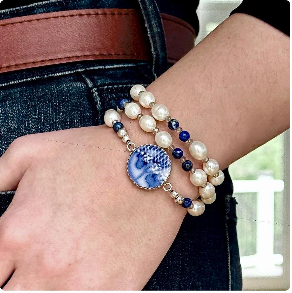 Antique Flow Blue Porcelain, One-of-a-Kind Freshwater Pearl Wrap Bracelet, 18th Anniversary Gifts for Wife