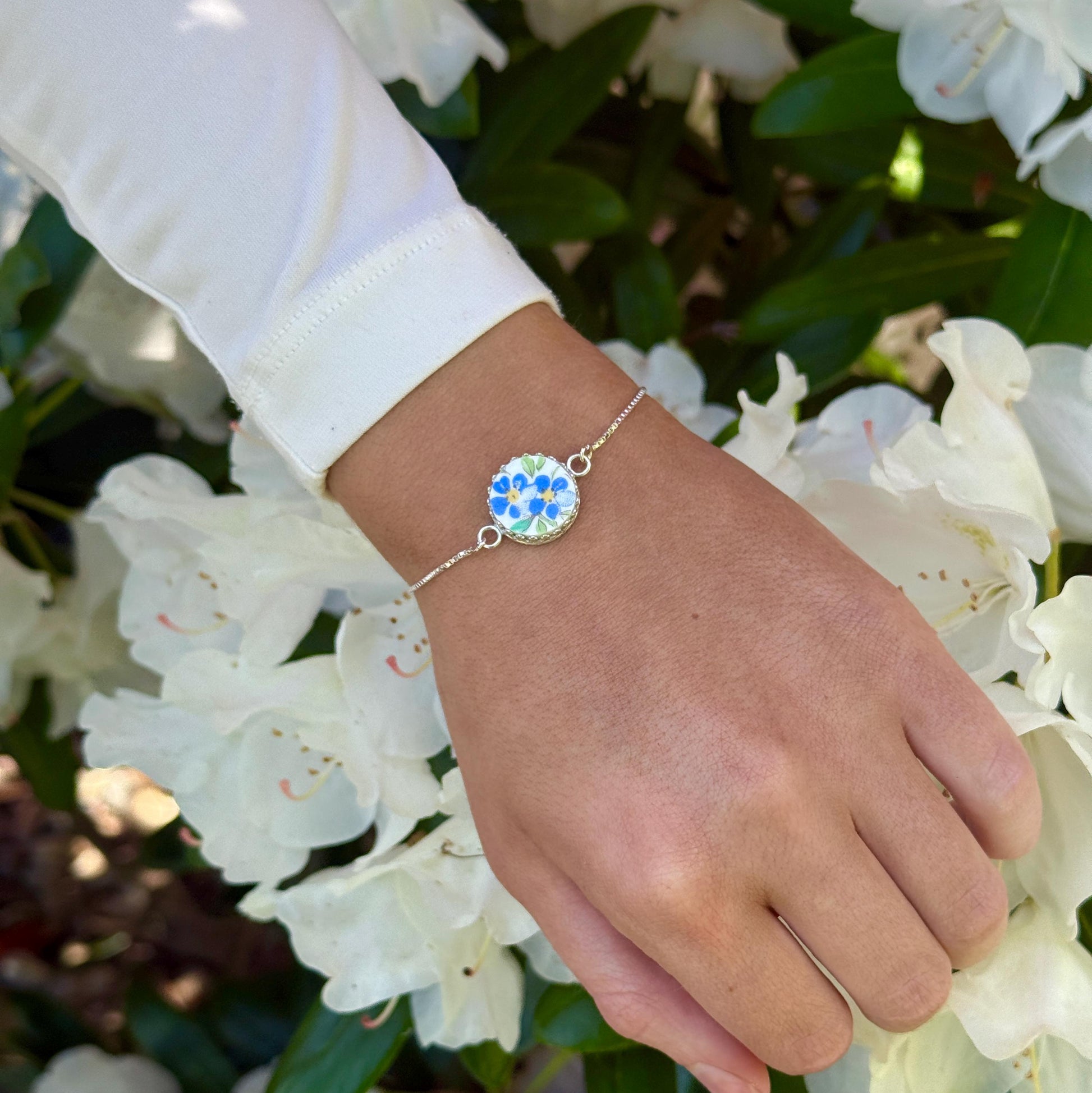 Dainty Graduation Gift for Girl/Girlfriend, Forget Me Not Vintage China, Adjustable Bracelet, Sterling Silver Jewelry for Her