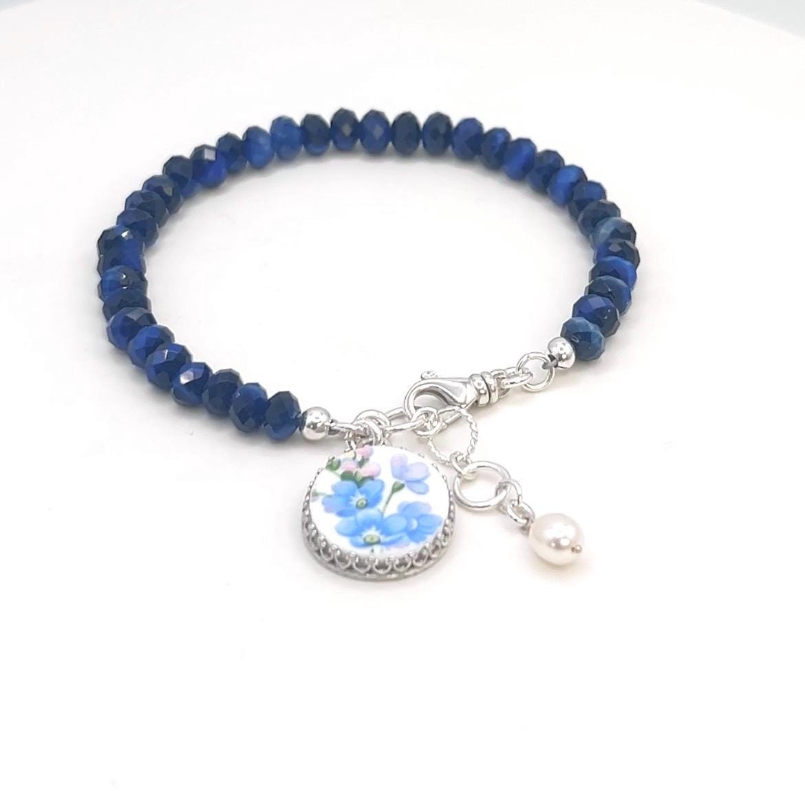 Forget Me Not 18th Anniversary Porcelain Bracelet, Sterling Silver and Gemstone Jewelry Gift for Wife