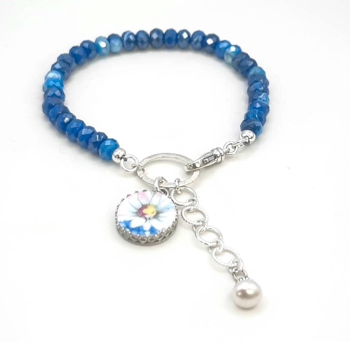 Gemstone 18th Anniversary Porcelain Bracelet, Broken China Jewelry, Sterling Silver Daisy Charm
