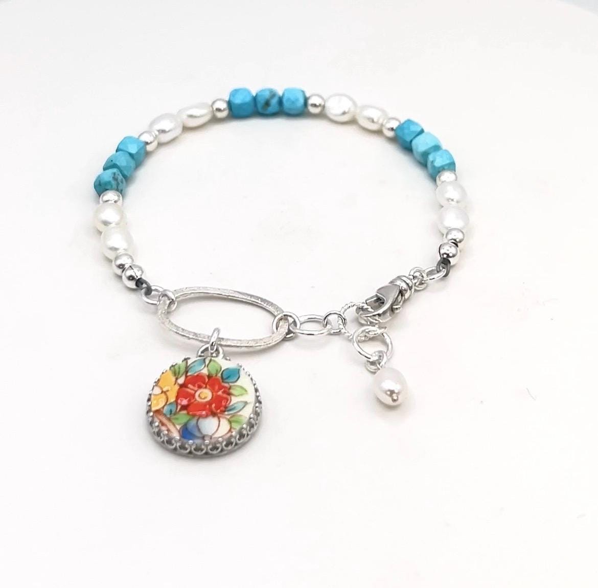 One-of-a-Kind Turquoise & Pearl Poppy Bracelet, Colorful Summer Jewelry, 20th Anniversary Gift for Wife