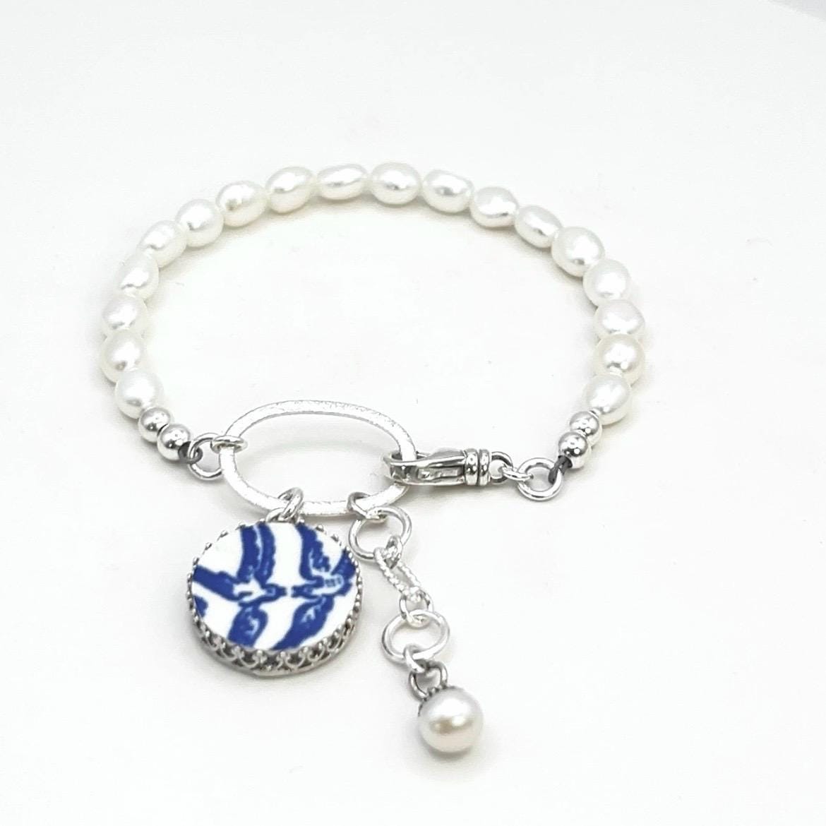 Adjustable Sterling Silver Love Birds Pearl Bracelet, Vintage China Jewelry, Wedding Sentimental Anniversary Gift