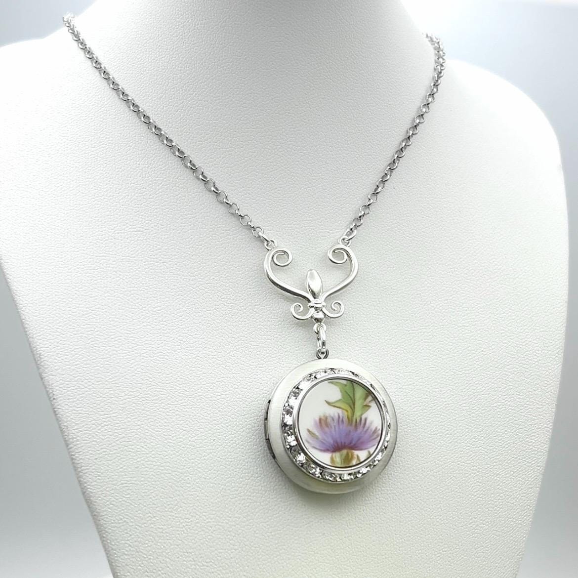 Purple Thistle Locket Necklace, Anniversary Love and Friendship Gifts for Women, Scottish Celtic Jewelry