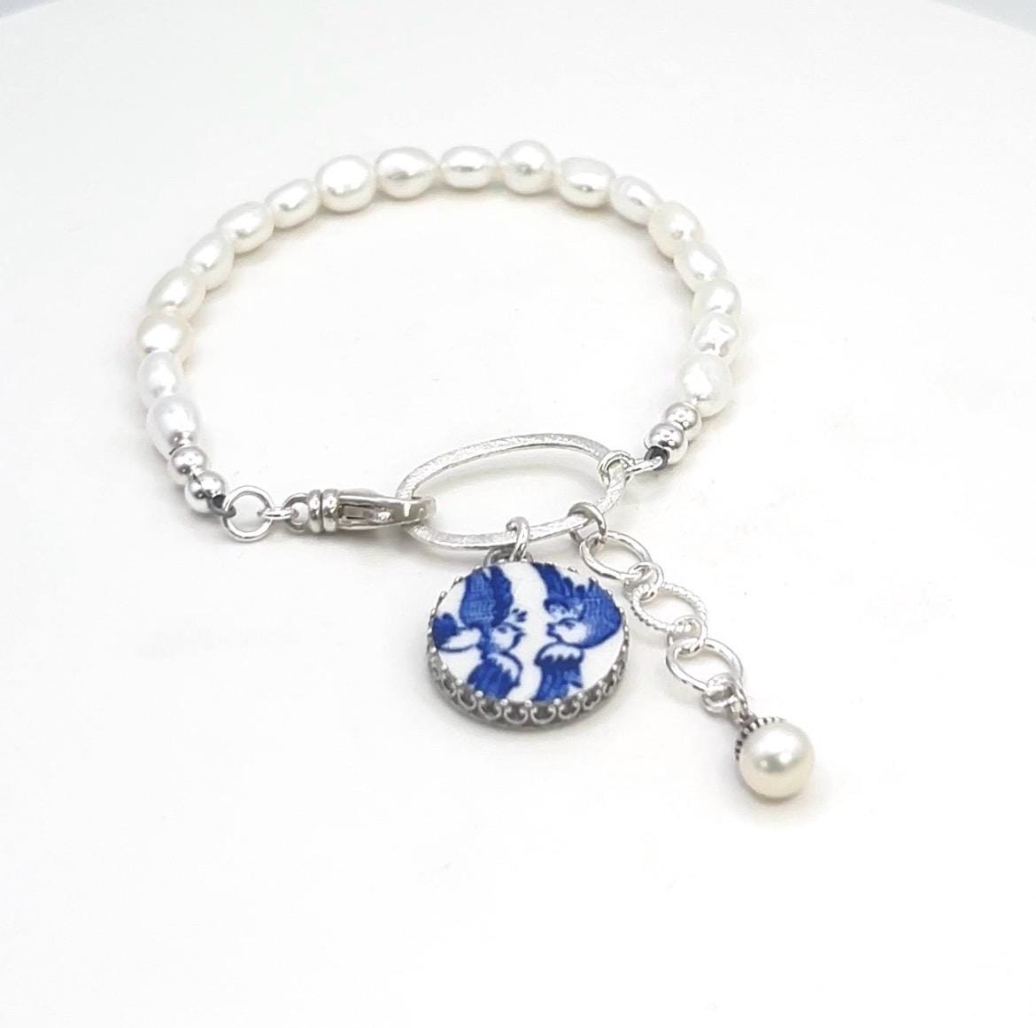 18th Anniversary Love Birds Bracelet, Porcelain Gifts for Wife, Keepsake Pearl Bracelet