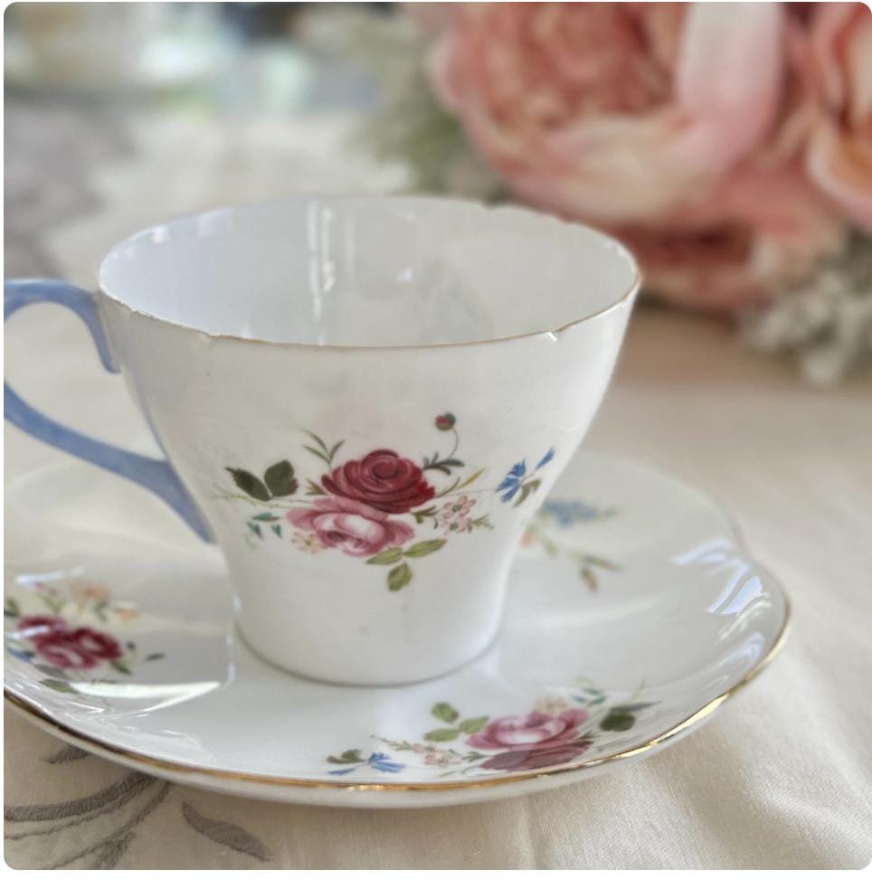 Shelley China Tea Cup and Saucer, 20th Anniversary Gift for Wife, Vintage English China, Roses, Forget-Me-Nots, Morning Glory