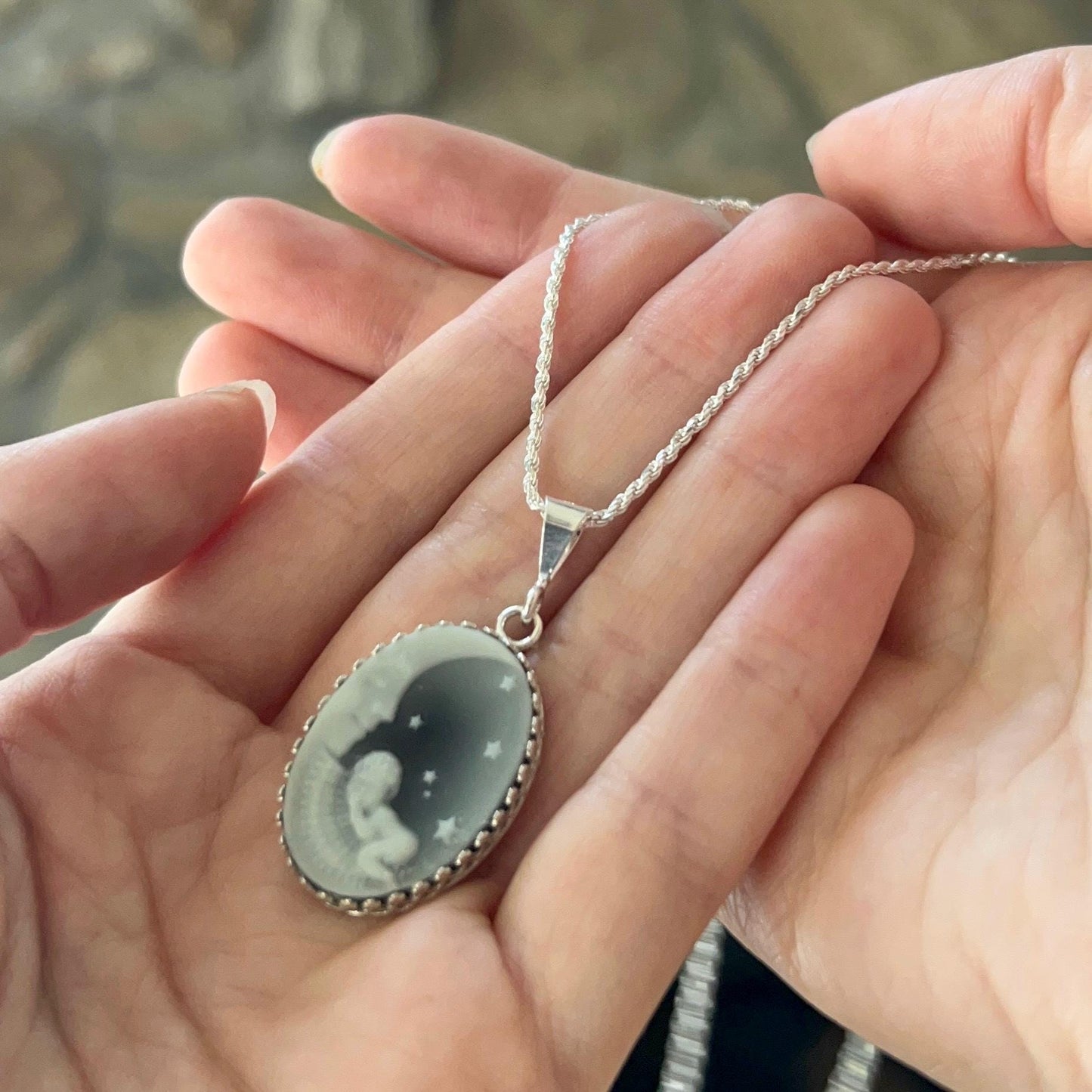 Sleeping Baby and Moon Cameo Necklace, Sterling Silver Jewelry, Unique New Mom Baby Shower Gift