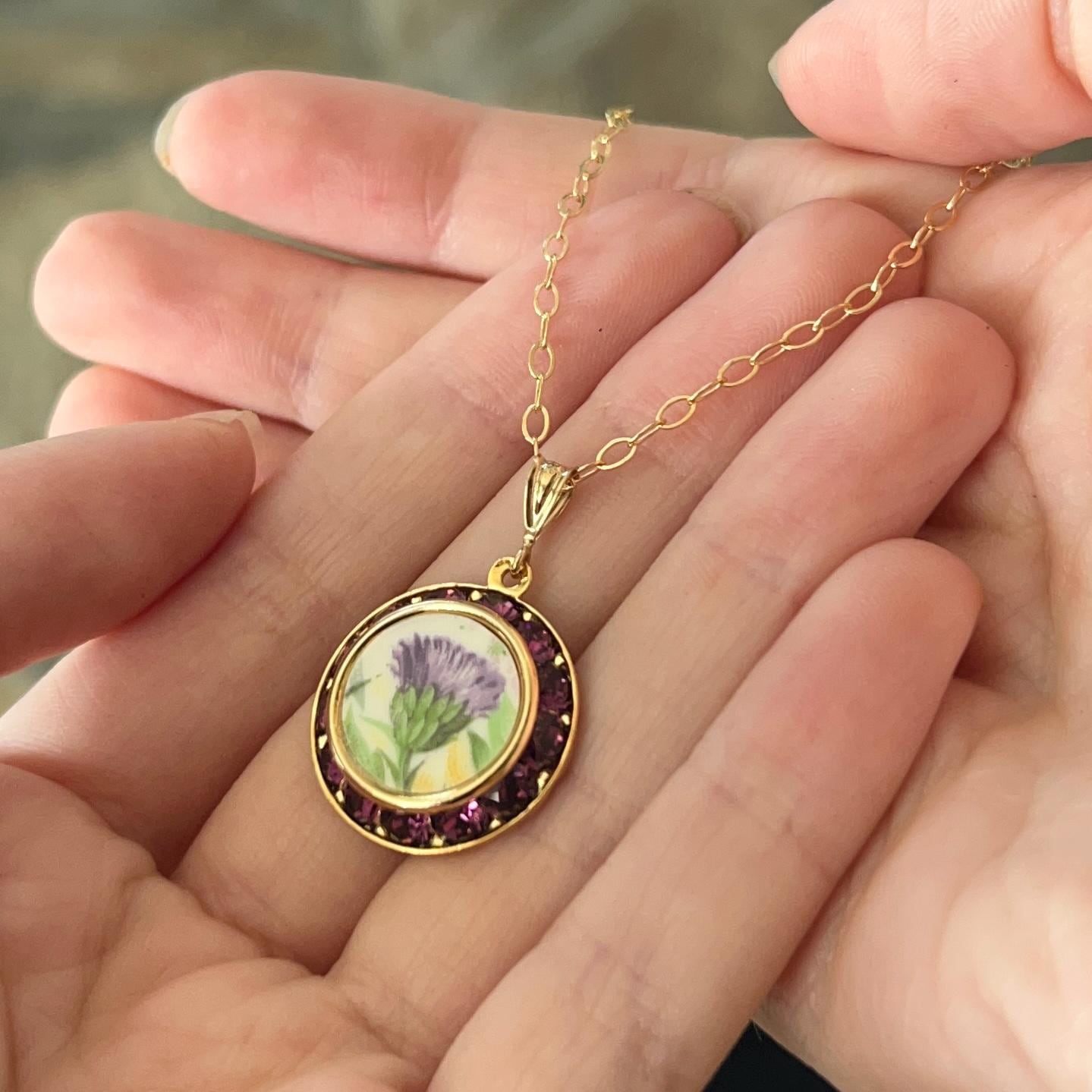 Porcelain Thistle Necklace, 18th Wedding Anniversary Gift for Wife, Gold Broken China Jewelry