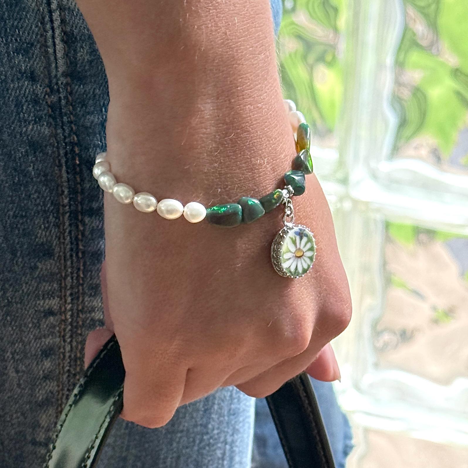 One-of-a-Kind 20th Anniversary Gift for Wife, Black Opal & Pearl Jewelry, Vintage China Daisy Bracelet