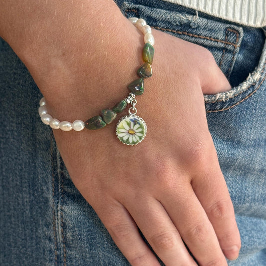 One-of-a-Kind 20th Anniversary Gift for Wife, Black Opal & Pearl Jewelry, Vintage China Daisy Bracelet
