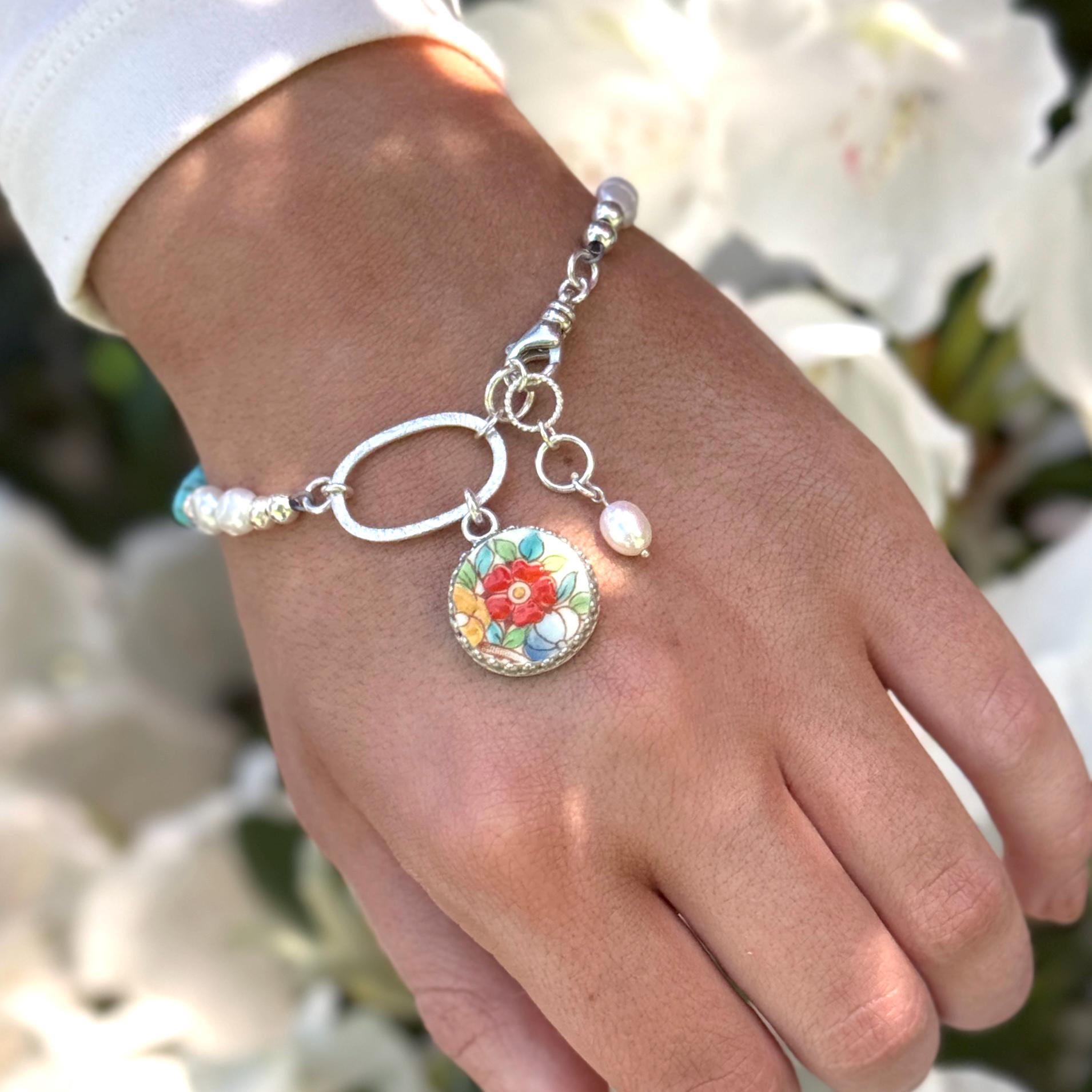 One-of-a-Kind Turquoise & Pearl Poppy Bracelet, Colorful Summer Jewelry, 20th Anniversary Gift for Wife