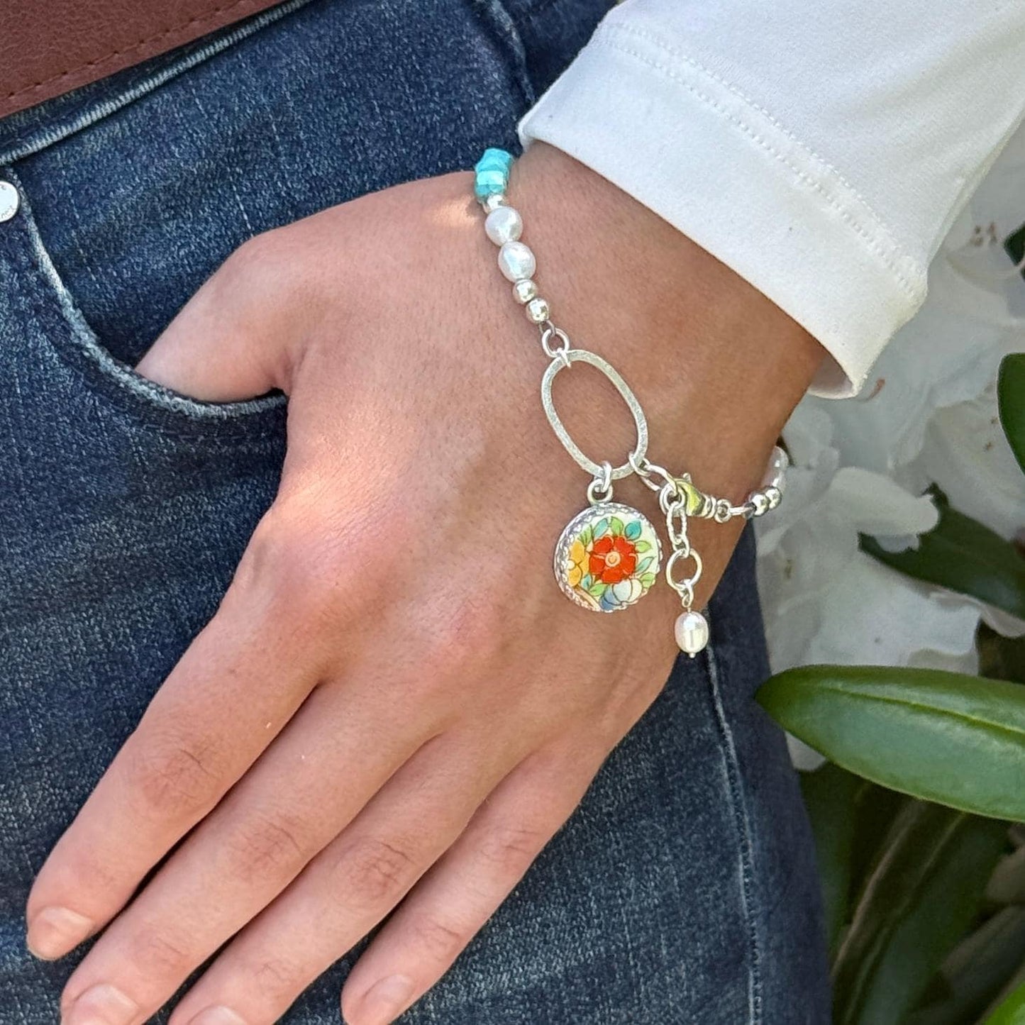 One-of-a-Kind Turquoise & Pearl Poppy Bracelet, Colorful Summer Jewelry, 20th Anniversary Gift for Wife