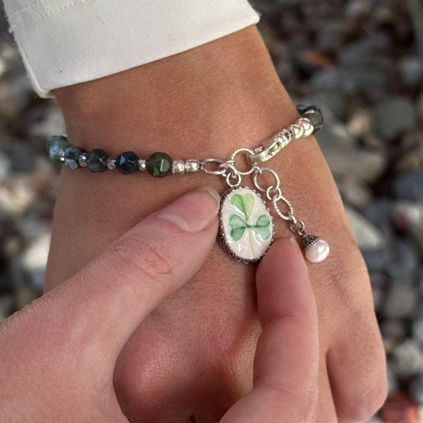 Sterling Silver Irish Belleek Bracelet, Broken China Jewelry, Shamrock Clover Charm