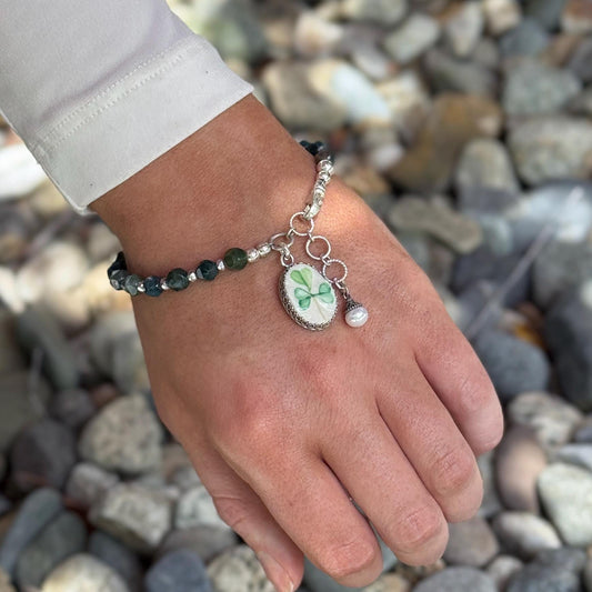 Sterling Silver Irish Belleek Bracelet, Broken China Jewelry, Shamrock Clover Charm