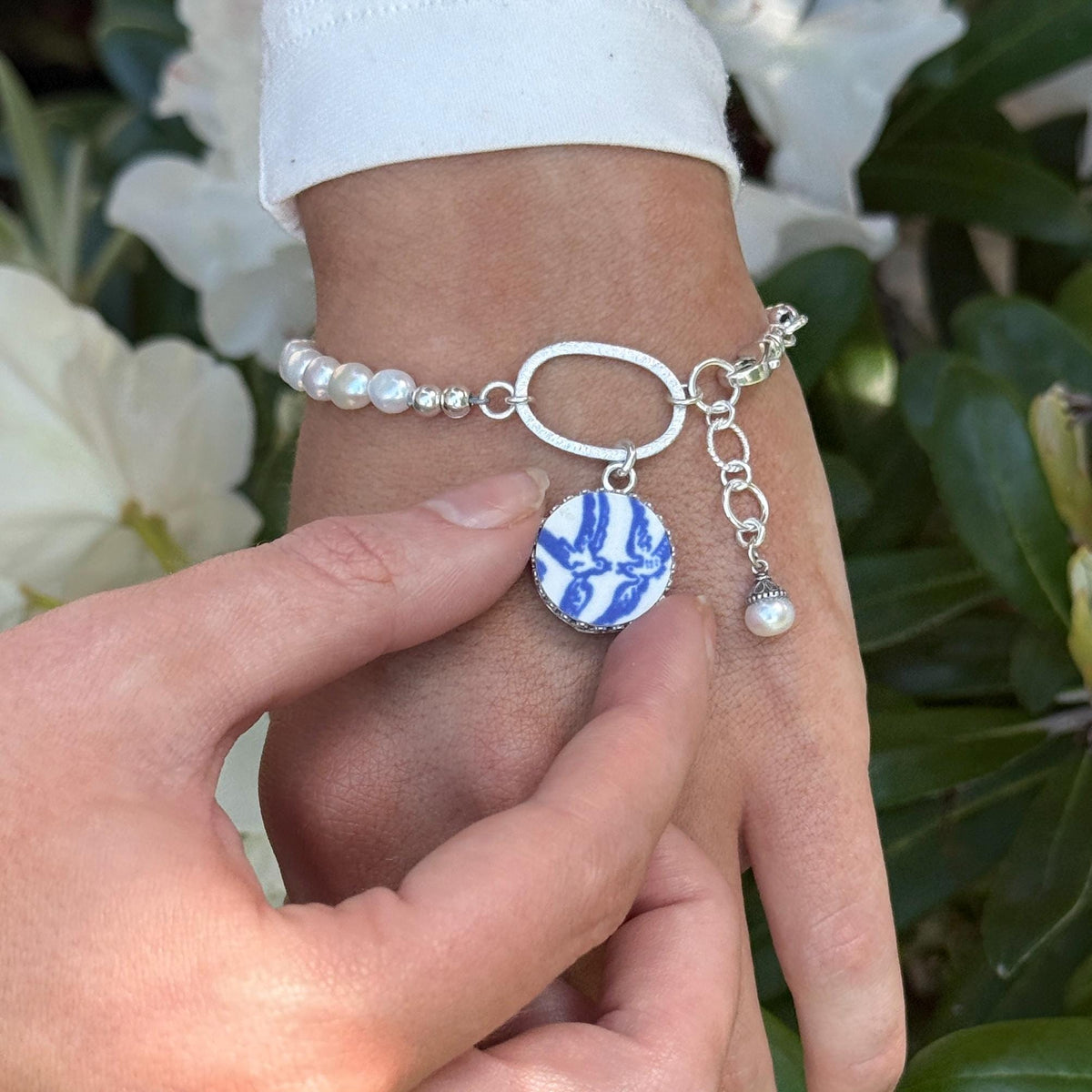 Adjustable Sterling Silver Love Birds Pearl Bracelet, Vintage China Jewelry, Wedding Sentimental Anniversary Gift