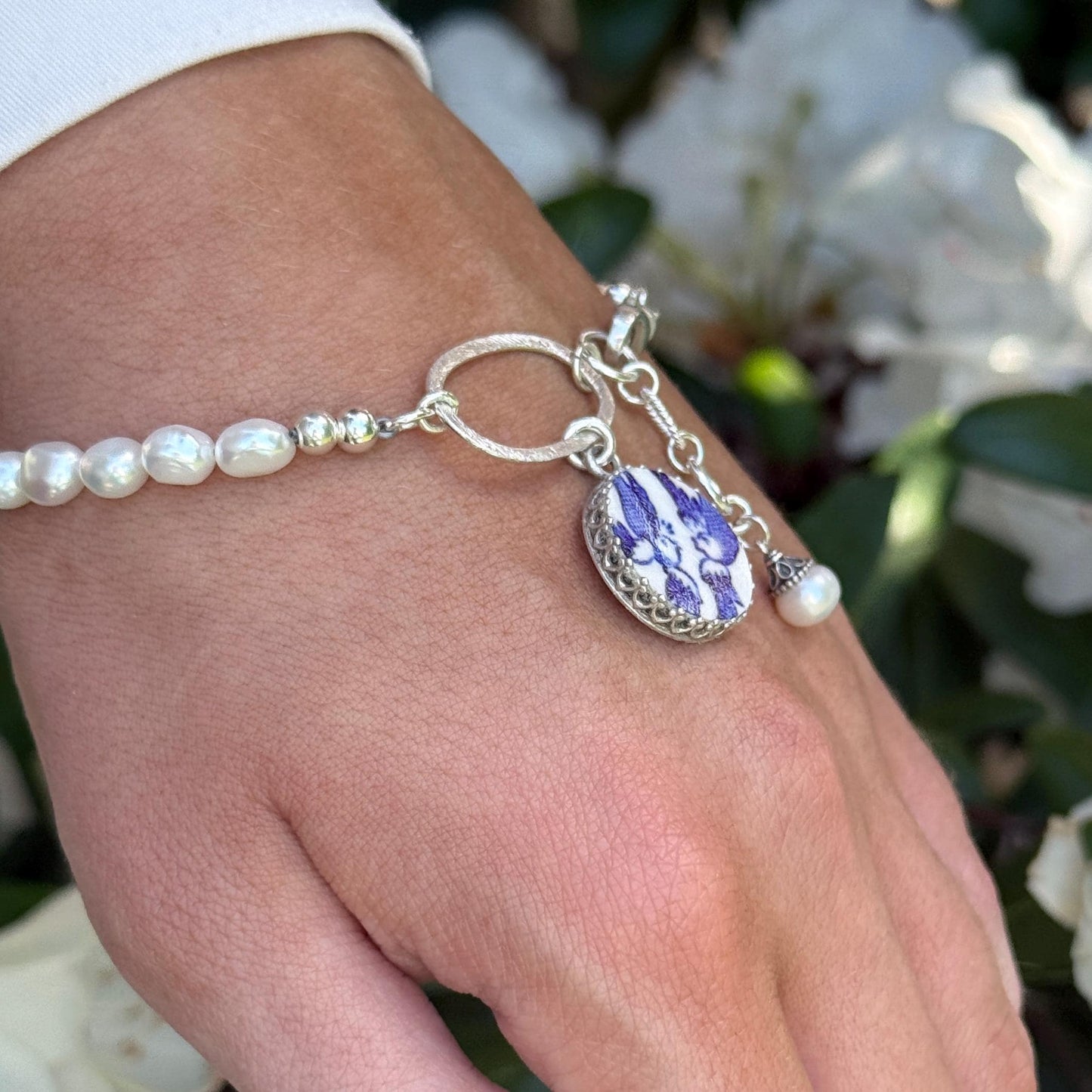 18th Anniversary Love Birds Bracelet, Porcelain Gifts for Wife, Keepsake Pearl Bracelet