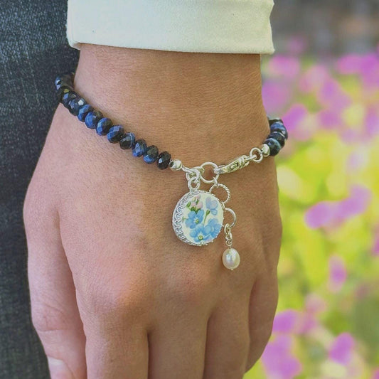 Forget Me Not 18th Anniversary Porcelain Bracelet, Sterling Silver and Gemstone Jewelry Gift for Wife