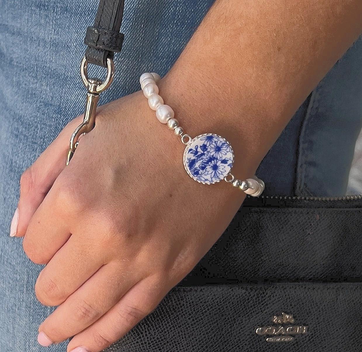 Shelley Dainty Blue Pearl Bracelet, Broken China Jewelry, 18th Anniversary Porcelain Gift for Wife