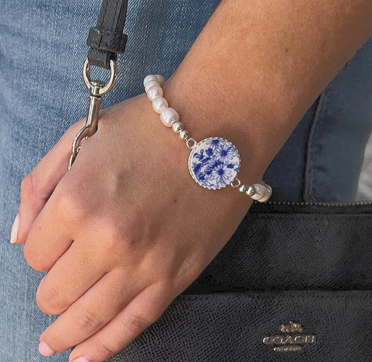 Shelley Dainty Blue Pearl Bracelet, Broken China Jewelry, 18th Anniversary Porcelain Gift for Wife