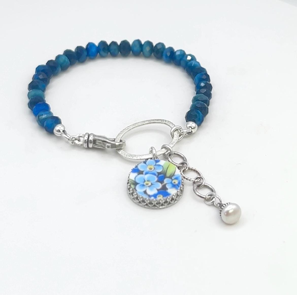 Forget Me Not 20th Anniversary Jewelry, Broken China Jewelry, Adjustable Sterling Silver Bracelet