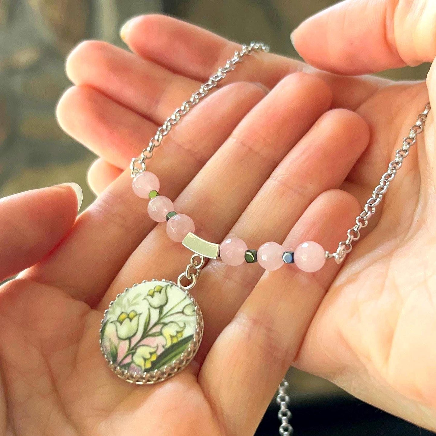 One-of-a-Kind Porcelain Necklace, 18th Anniversary Gift for Wife, Sterling Silver Lily of the Valley Jewelry