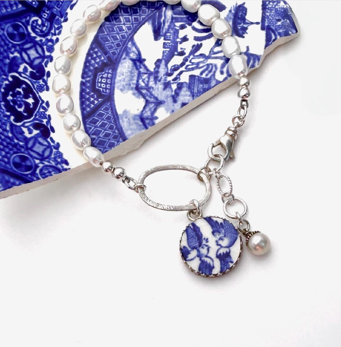 18th Anniversary Love Birds Bracelet, Porcelain Gifts for Wife, Keepsake Pearl Bracelet