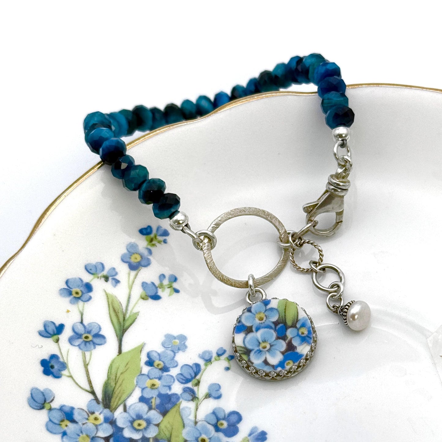 Forget Me Not 20th Anniversary Jewelry, Broken China Jewelry, Adjustable Sterling Silver Bracelet