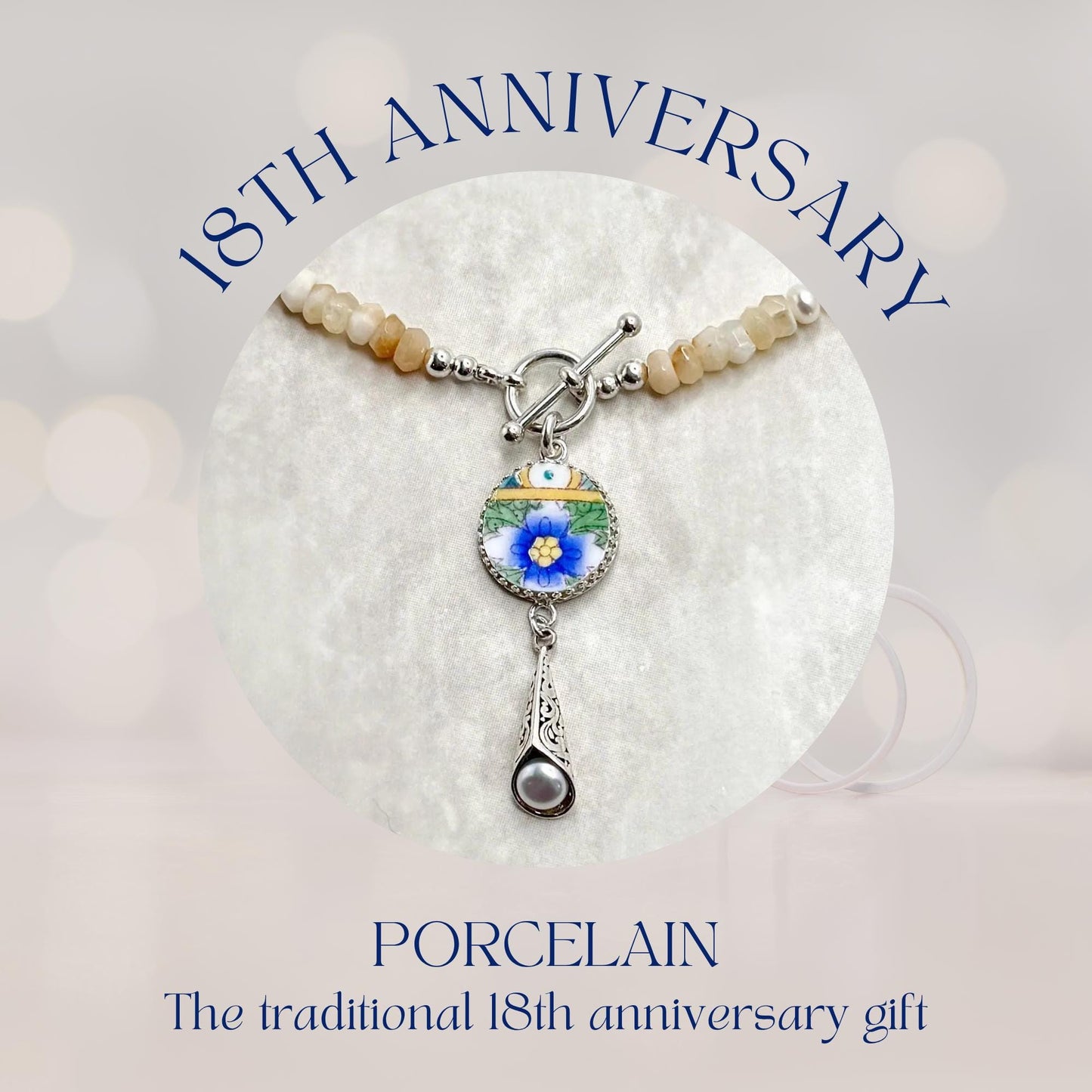 Vintage Porcelain Necklace, 18th Anniversary Gift for Wife, Victorian Gemstone Jewelry