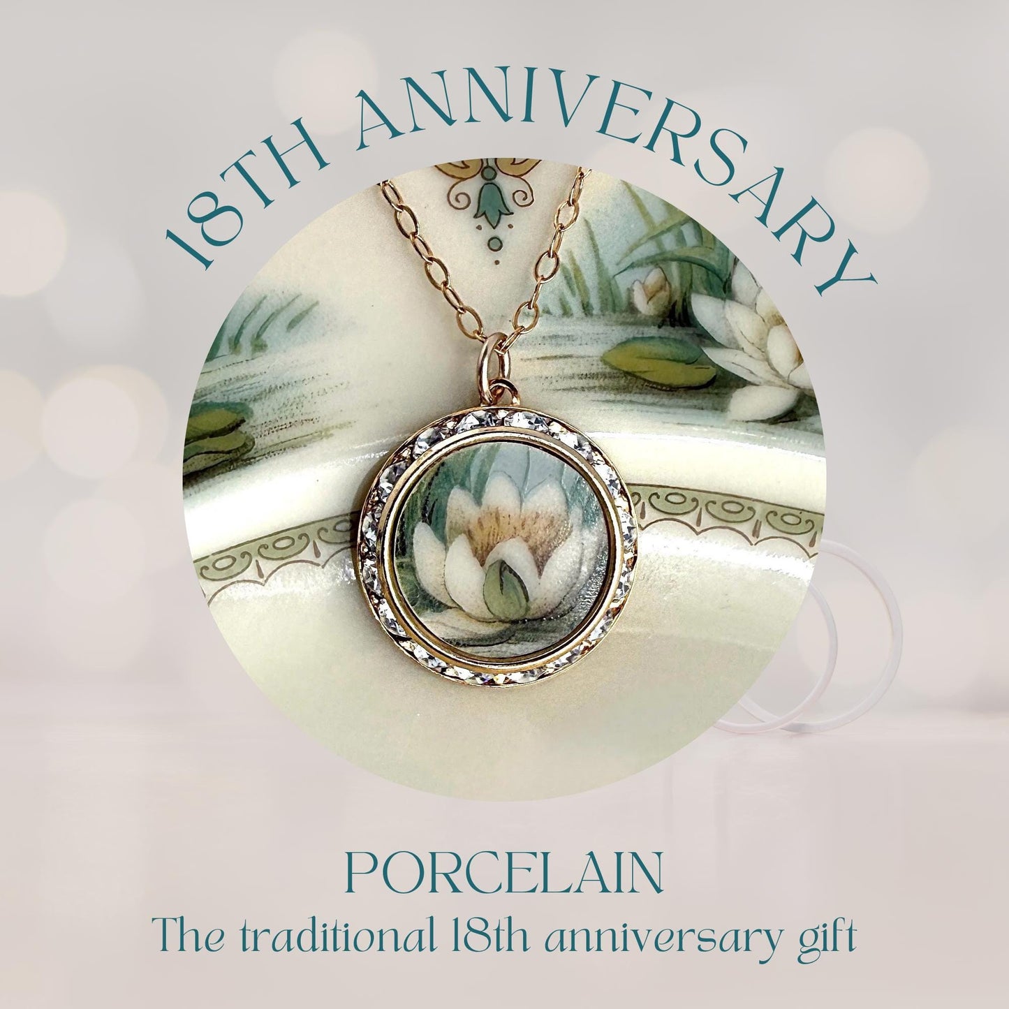 Water Lily Necklace, 18th Wedding Anniversary Porcelain Gift for Wife, Gold Crystal Jewelry