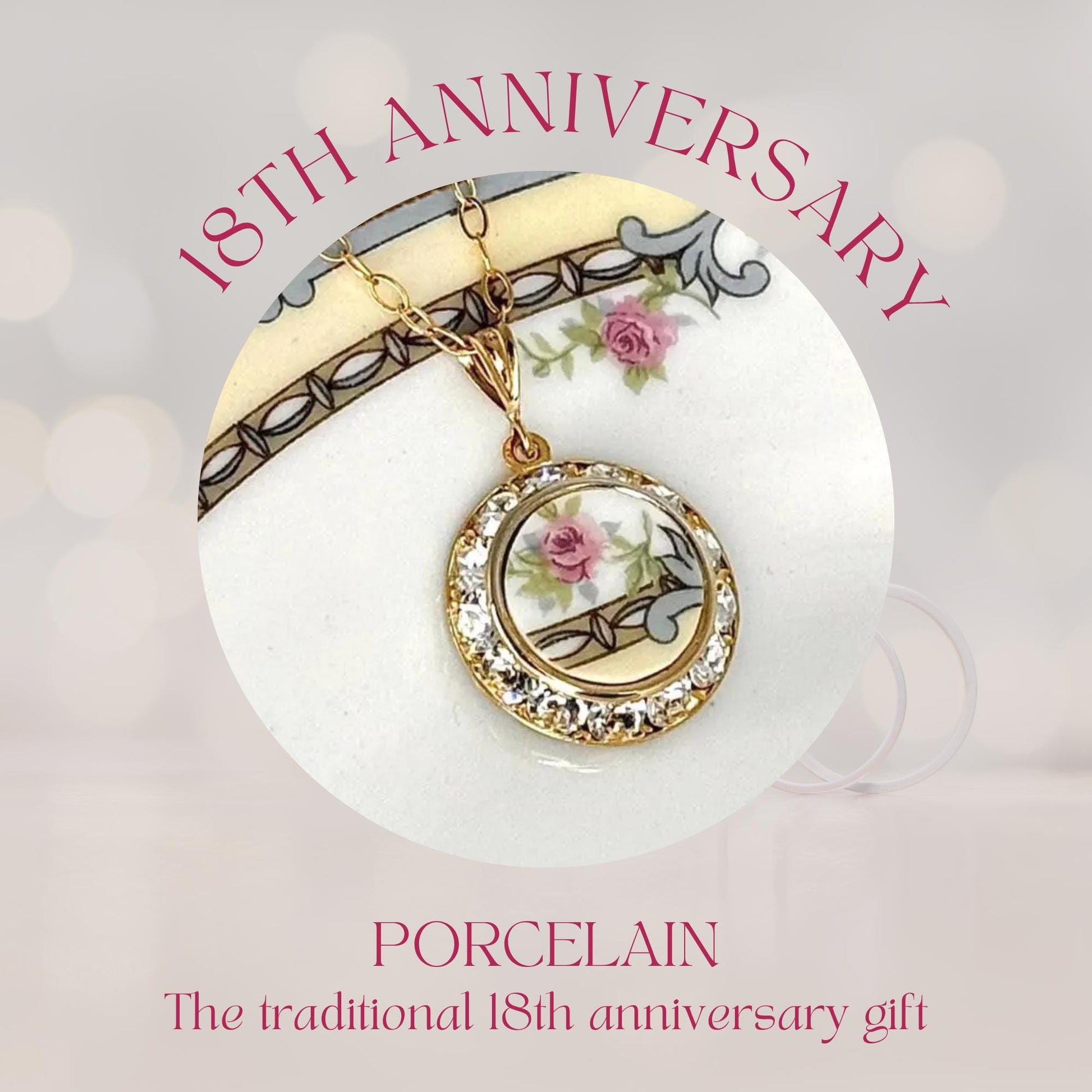 Victorian Rose Porcelain Necklace, 18th Wedding Anniversary Gift for Wife, Gold Broken China Jewelry