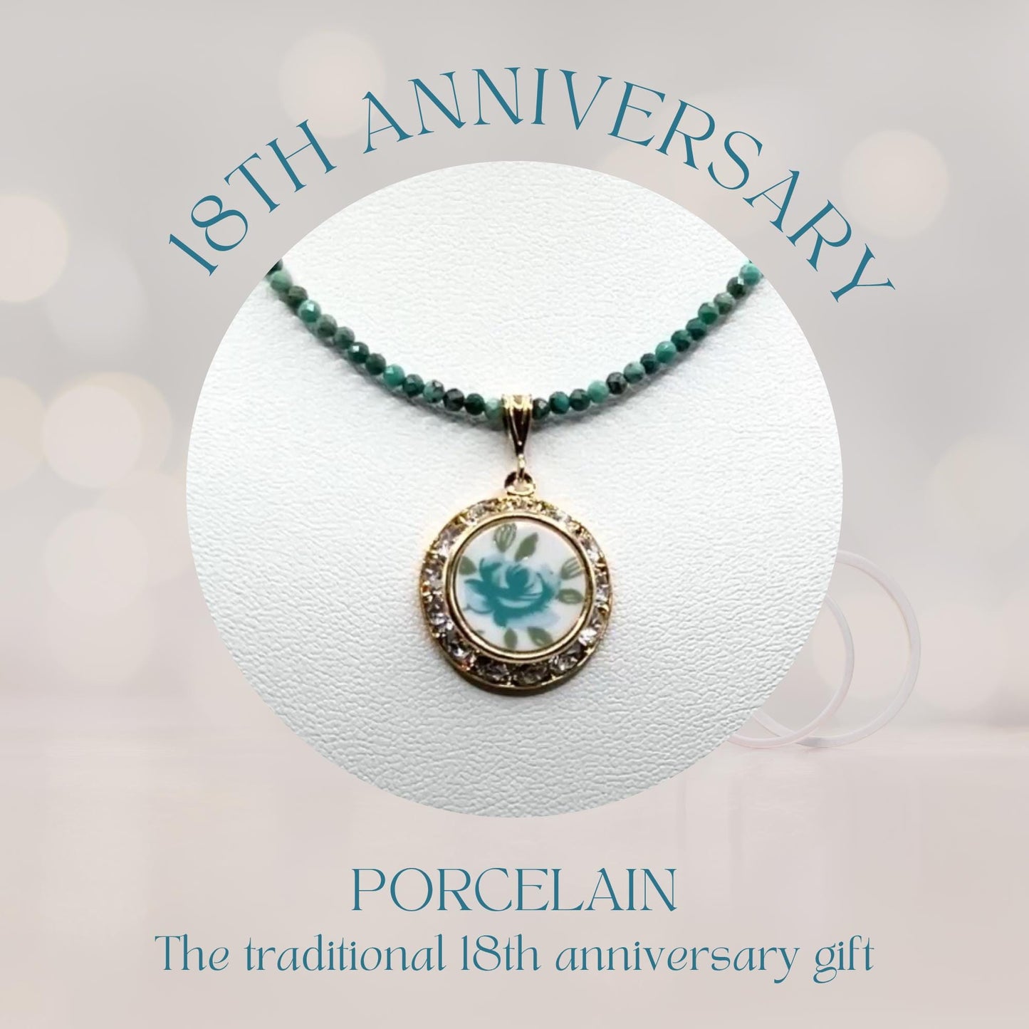 Unique 18th Anniversary Gift for Wife, Vintage Porcelain Turquoise Necklace, Gold Crystal Rose Necklace