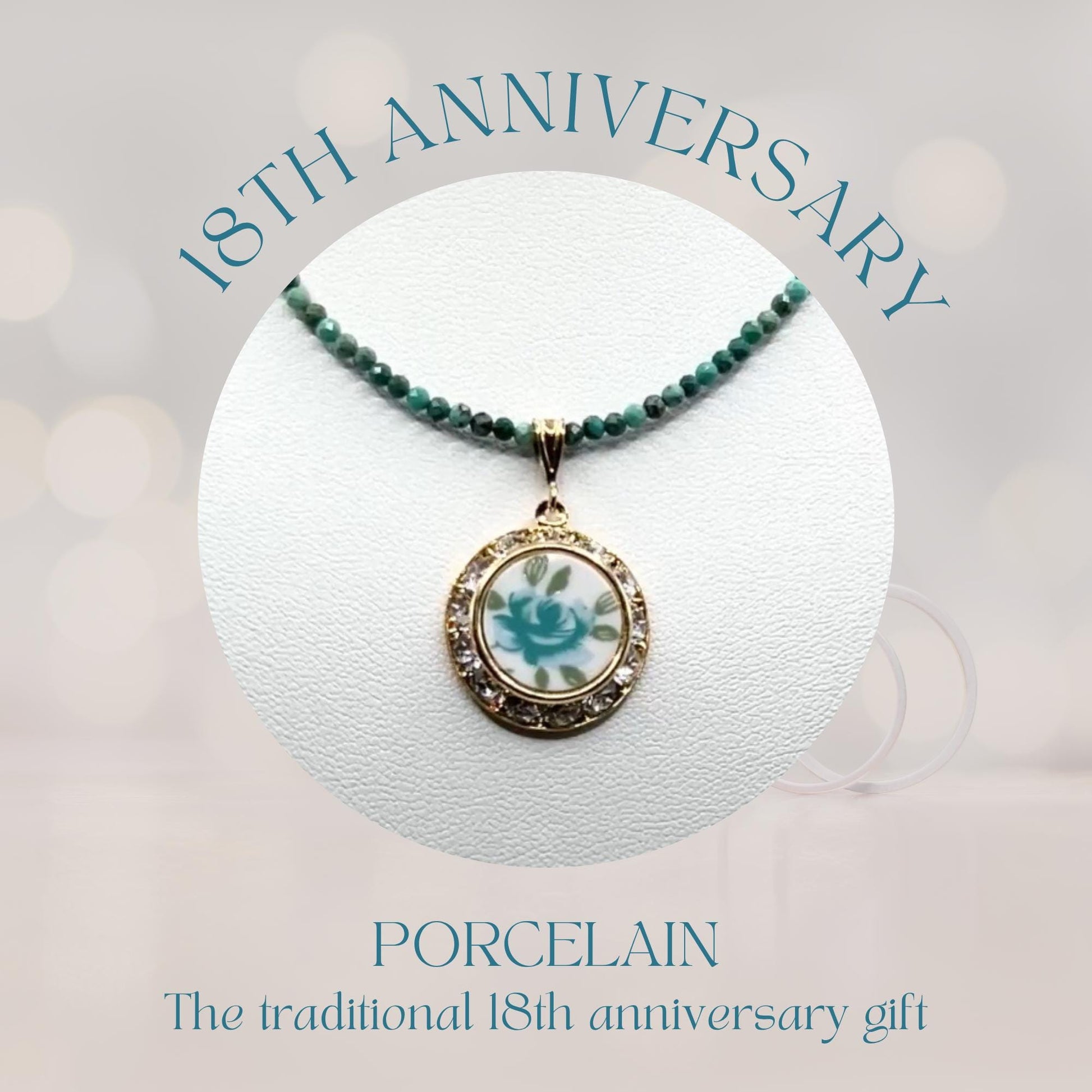 Unique 18th Anniversary Gift for Wife, Vintage Porcelain Turquoise Necklace, Gold Crystal Rose Necklace