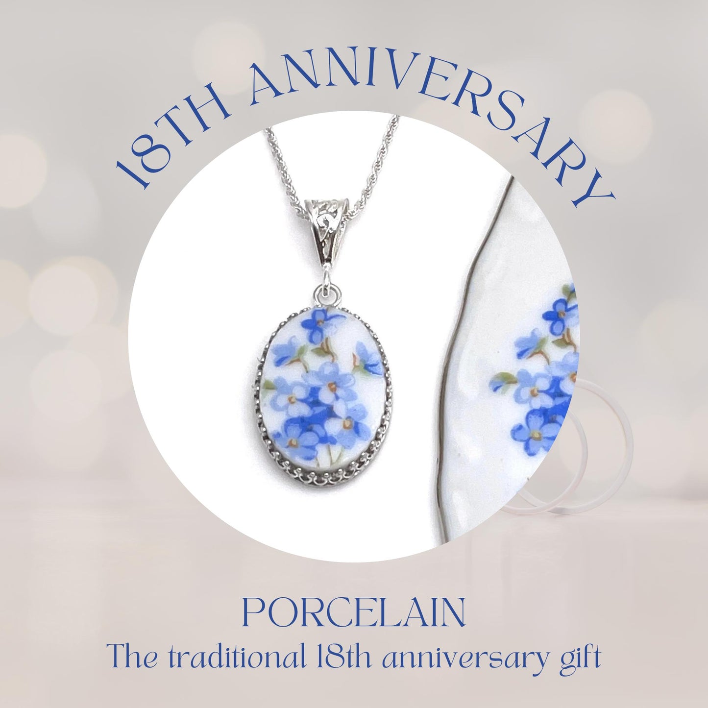 18th Anniversary Gift for Wife, Vintage Forget Me Not Necklace, Keepsake Porcelain Necklace
