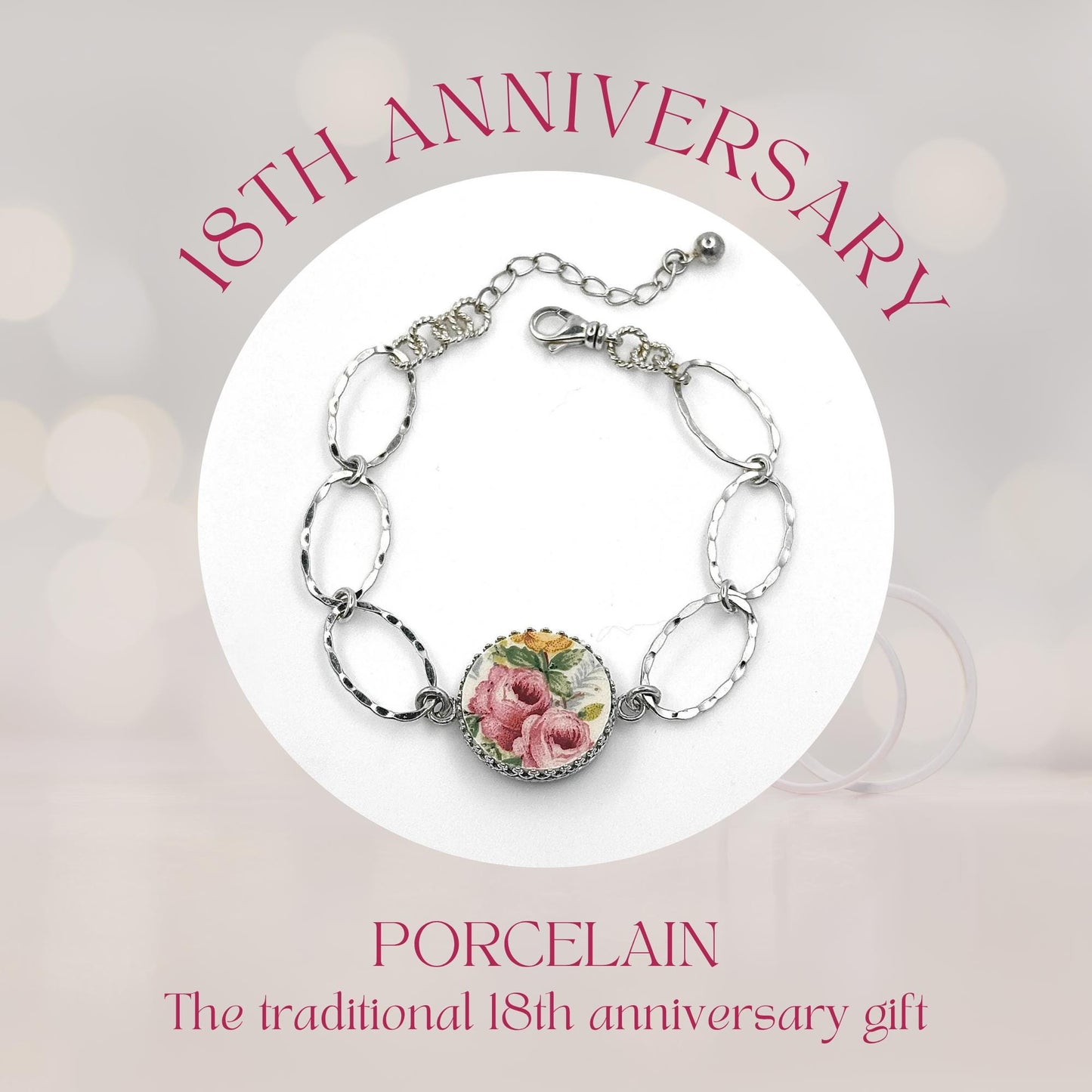 18th Anniversary 2 Roses Bracelet, Gift for Wife, Porcelain Cottagecore Jewelry, Sterling Silver