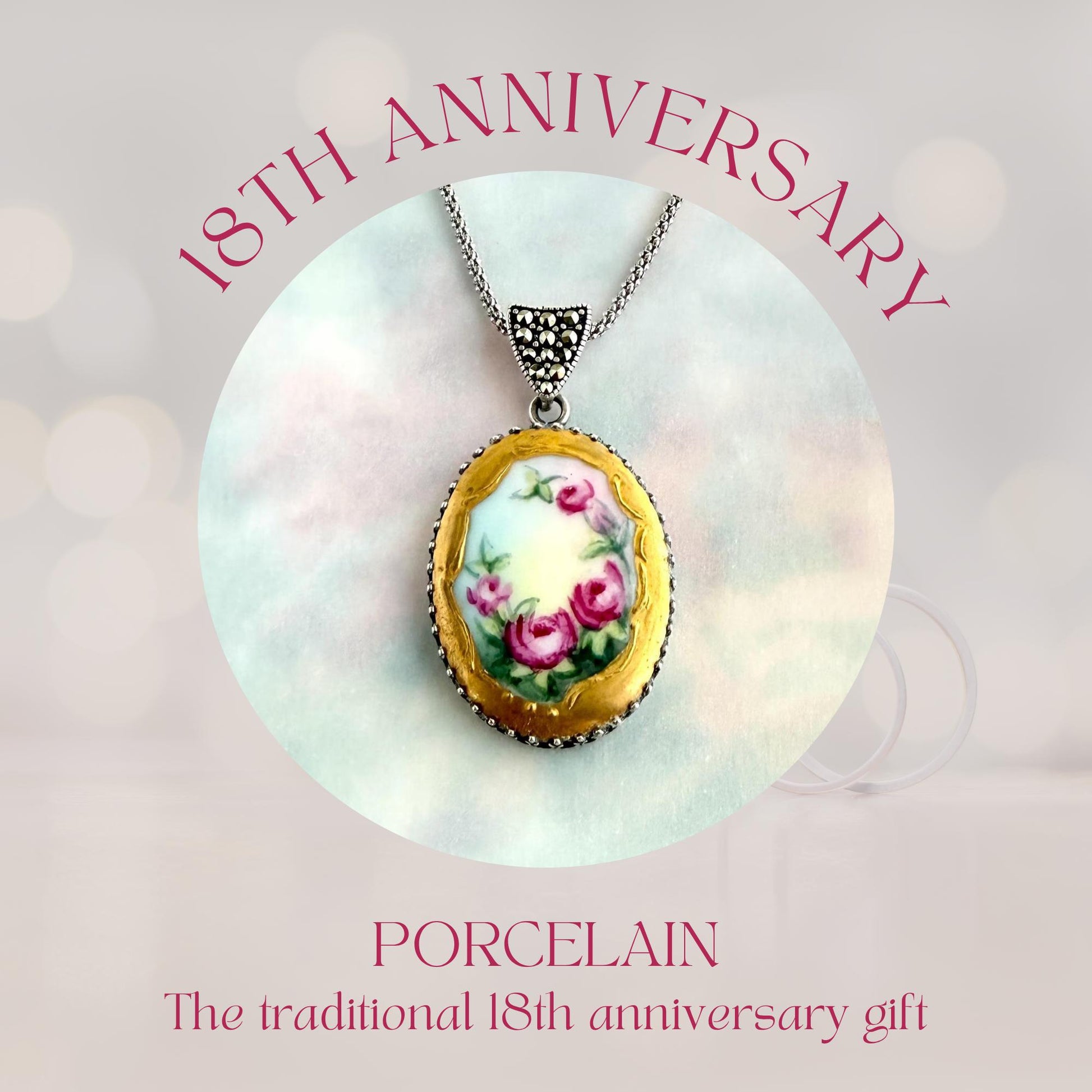 18th Wedding Anniversary Gift for Wife, Antique Hand Painted Porcelain Button Necklace, Marcasite Jewelry, Sterling Silver