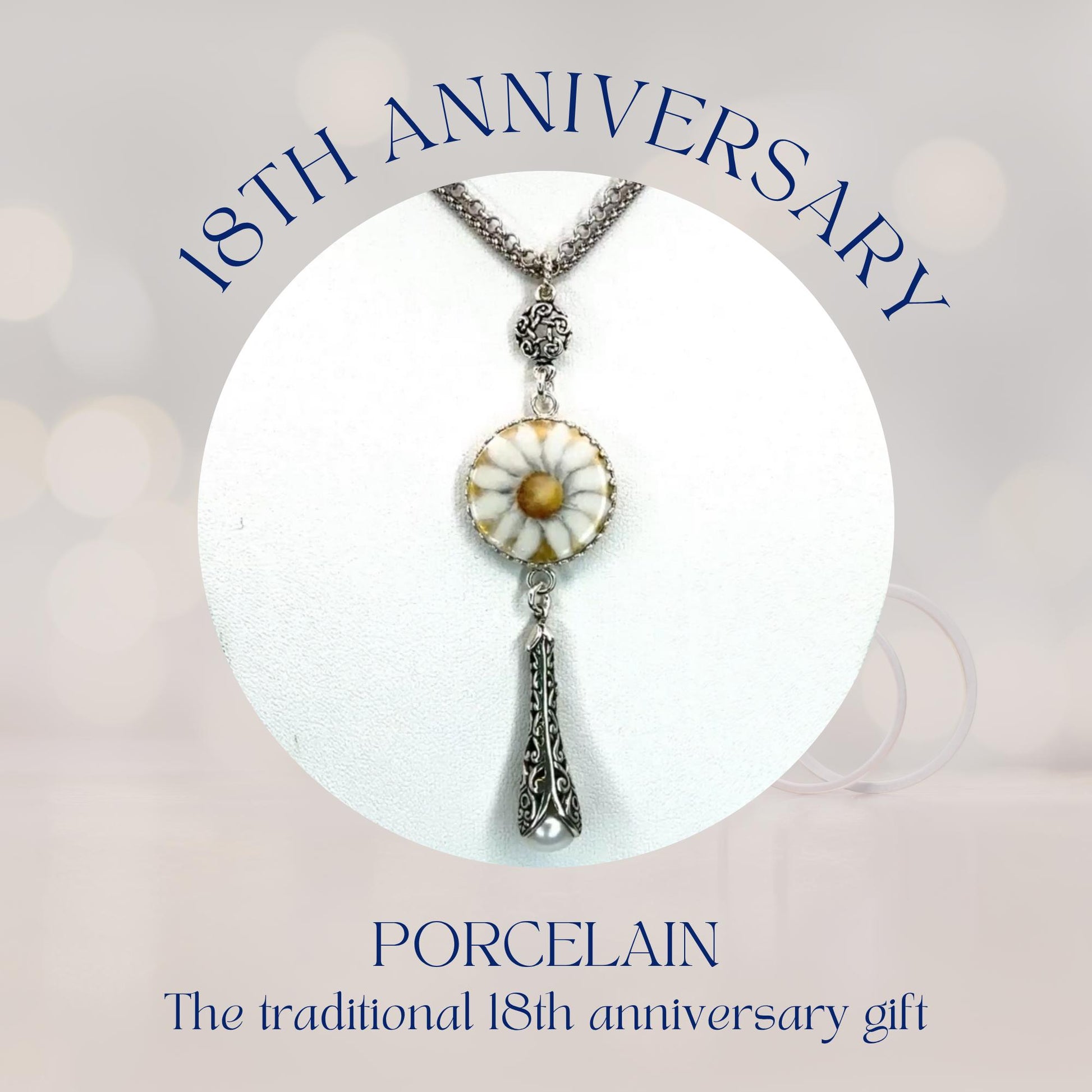 18th Anniversary Gift For Wife, Antique Porcelain Button, Long Handmade Pearl Necklace, Sterling Silver Button Jewelry