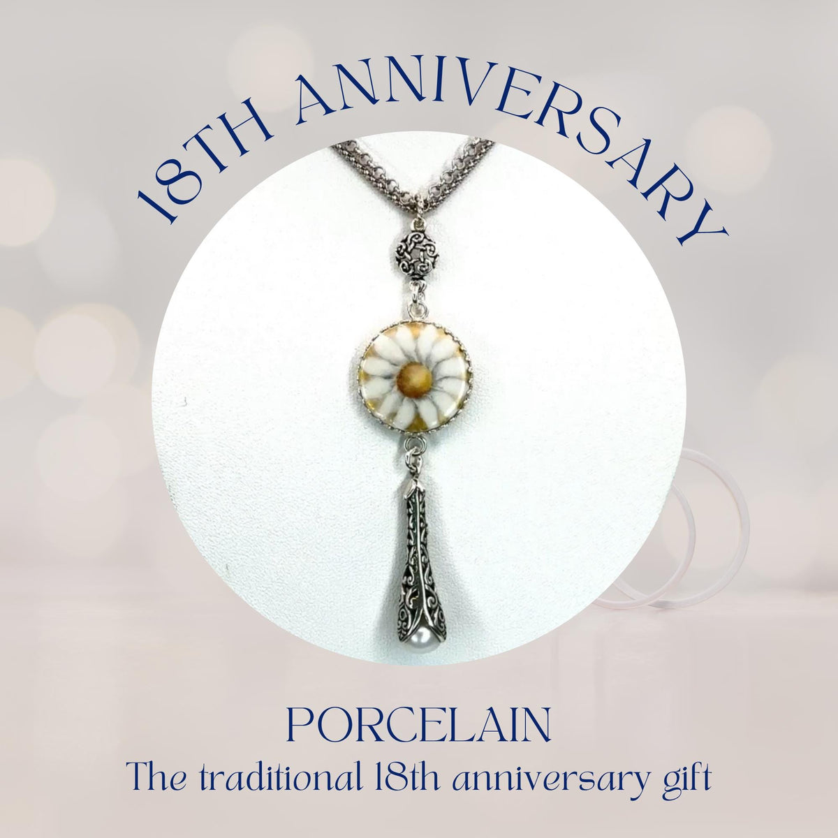 Antique Porcelain Button Necklace, 18th Anniversary Gift For Wife, Sterling Silver Long Pearl Necklace