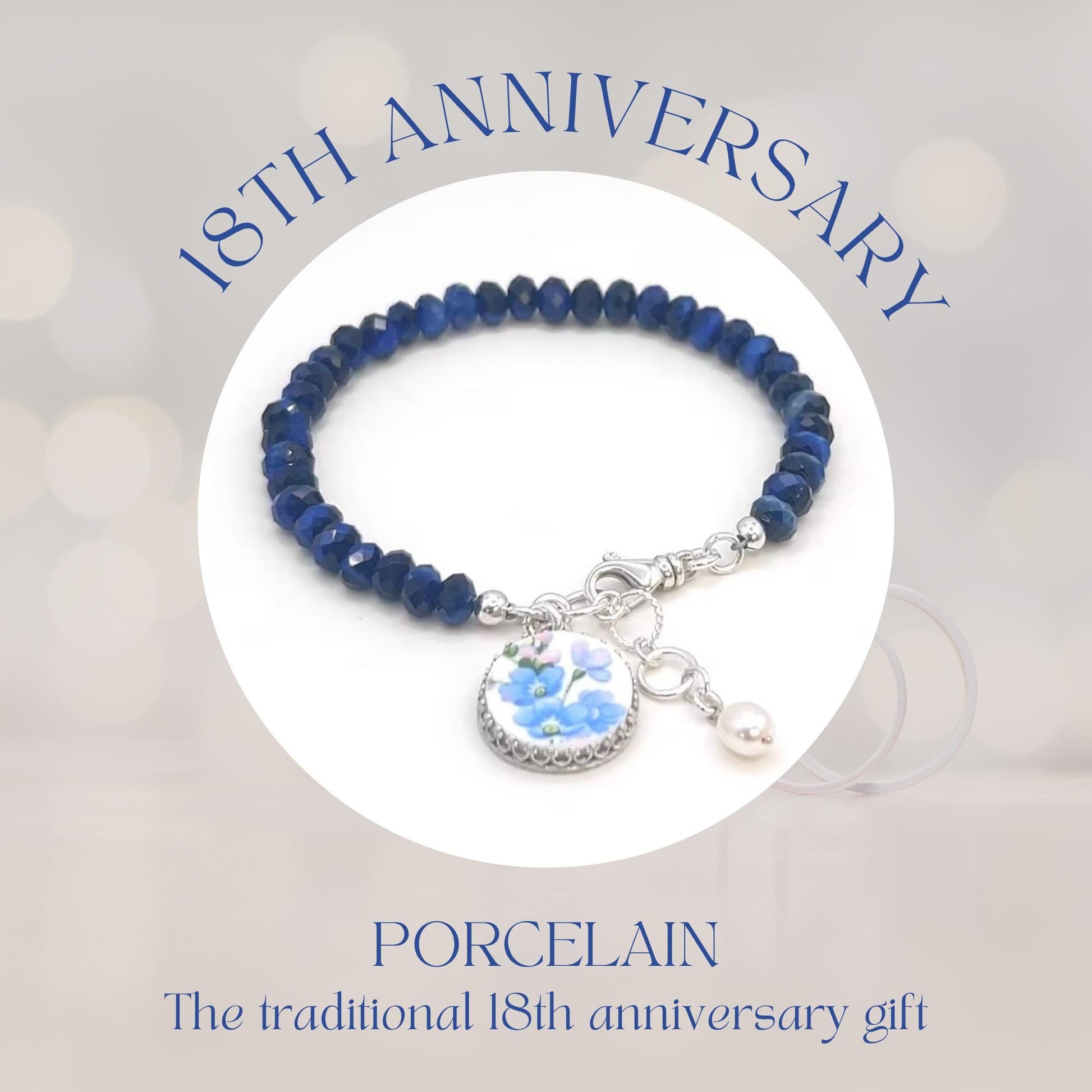 Forget Me Not 18th Anniversary Porcelain Bracelet, Sterling Silver and Gemstone Jewelry Gift for Wife