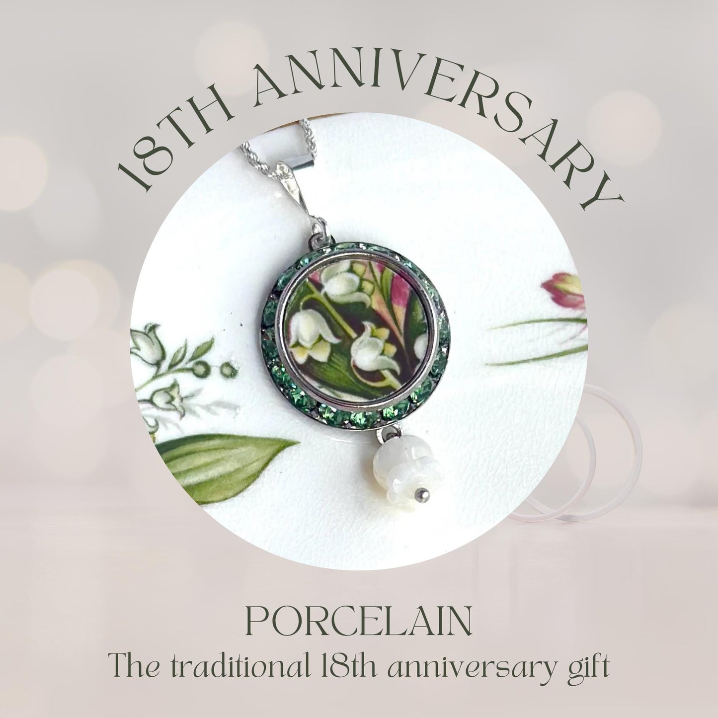 Lily of the Valley Crystal Necklace, Unique 18th Anniversary Porcelain Gifts for Wife