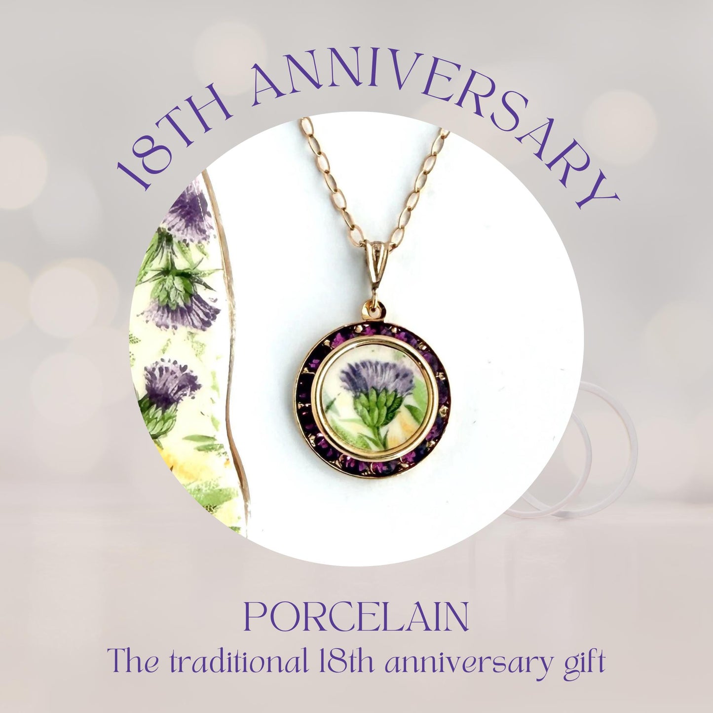 Porcelain Thistle Necklace, 18th Wedding Anniversary Gift for Wife, Gold Broken China Jewelry