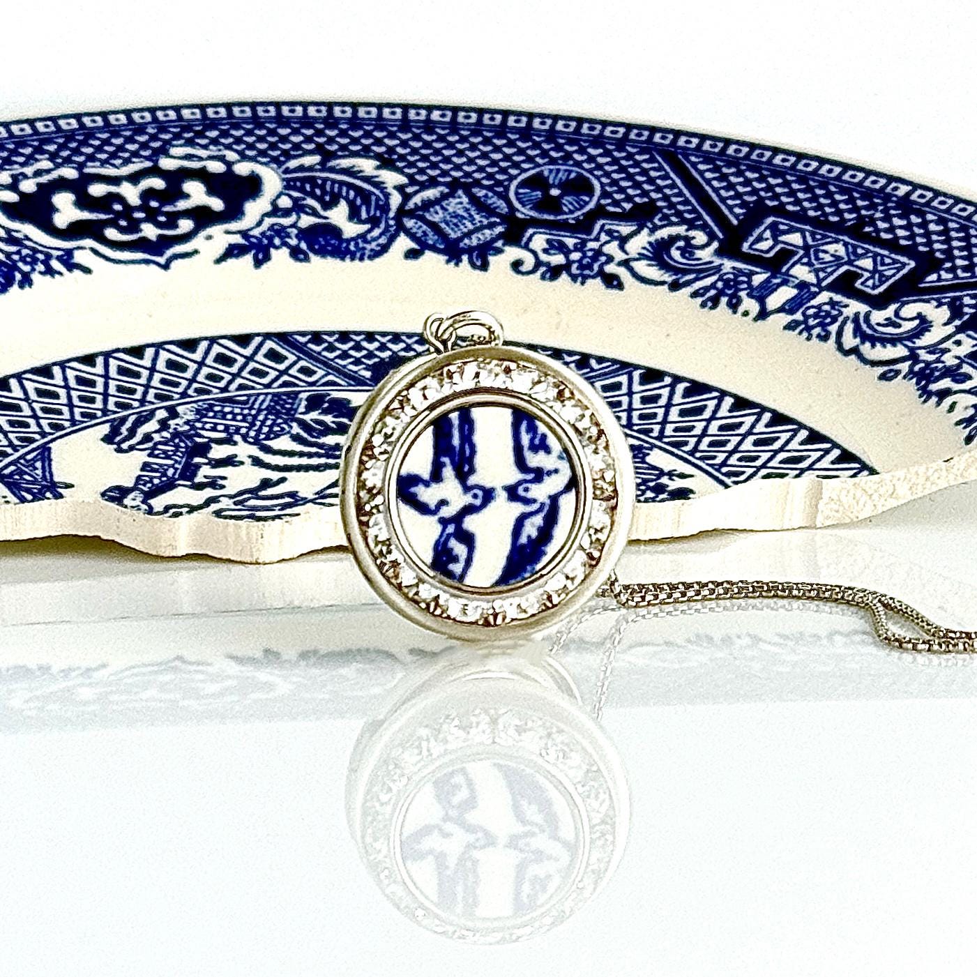 Love Birds Locket Necklace, Romantic 20th Anniversary China Gift for Wife, Vintage Blue Willow Photo Locket